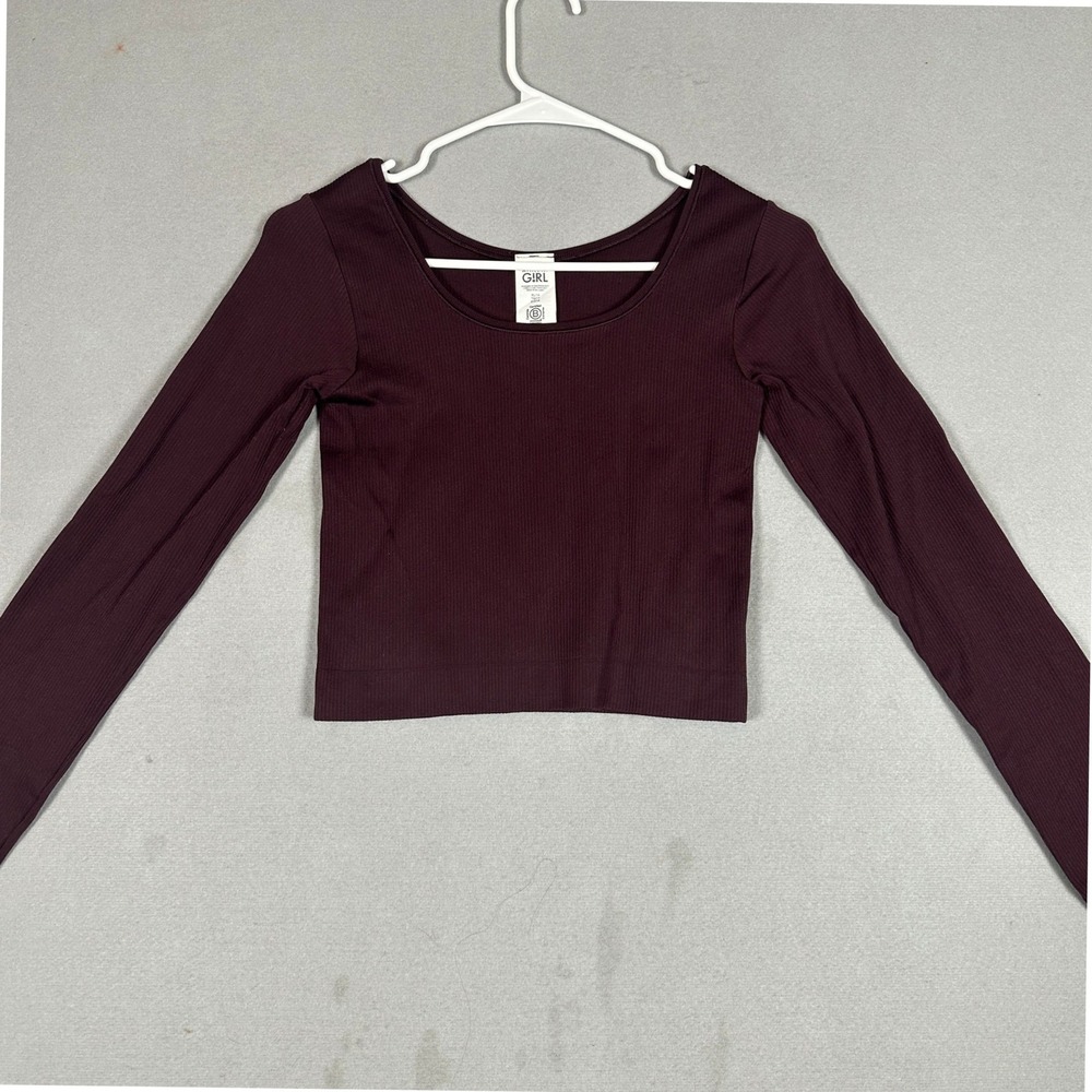 Athleta Girl Top Kids XL 14 Ribbed Seamless Burgundy Long Sleeve Stretch EUC